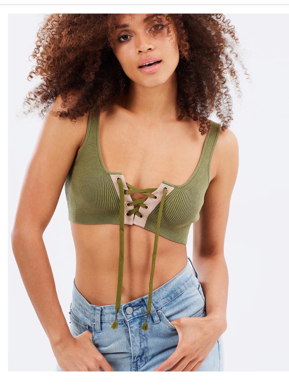Puma Fenty Olive Green Lace-Up Ribbed Crop Top with Pink Eyelet Accents